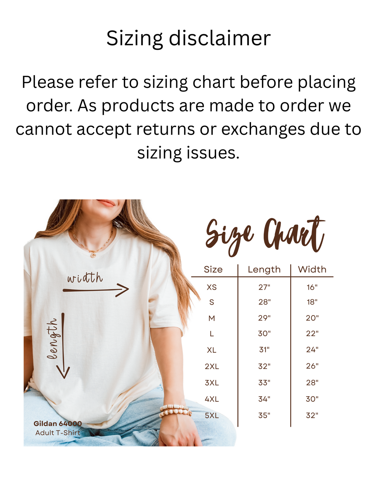 Size chart for t-shirts with a disclaimer about sizing issues.