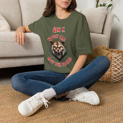 Sarcastic Gen X Dark Shirt We Dont Care About Your Feelings Bear Tee, Badass Generation X Black Graphic T-Shirt, Funny 1970s Latchkey Kid Birthday Gift