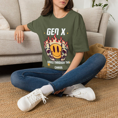 Gen X Smile Through The Chaos T-Shirt | Retro Skull & Smiley Face Graphic Tee, Gen X gift