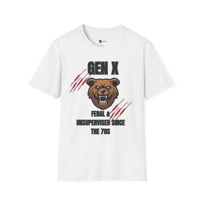 Gen X Feral And Unsupervised T-Shirt | Born In The 70s Graphic Tee | Funny Generation X Bear Mascot Shirt