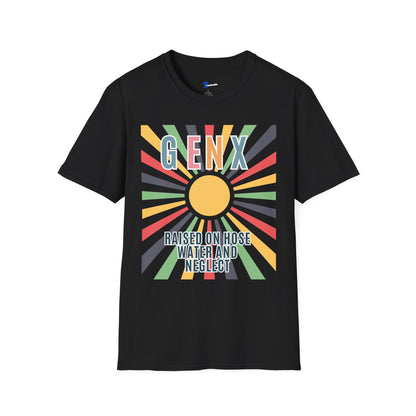 Gen X Shirt Raised on Hose Water and Neglect T-Shirt Distressed Retro Sunburst Graphic Tee Funny Generation X Latchkey Kid Gift Humorous Nostalgia Apparel=