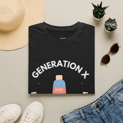Retro Gen X Tanning Team Shirt - Generation X Baby Oil Graphic Tee, Funny 80s Nostalgia Summer Tee, Sarcastic Apparel Gift for GenX Men & Women