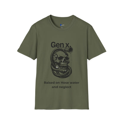 Gen X Shirt Raised on Hose Water and Neglect, Funny Generation X Graphic Tee, Sarcastic 80s Kids TShirt, Retro Skull Hose Water Apparel Gift