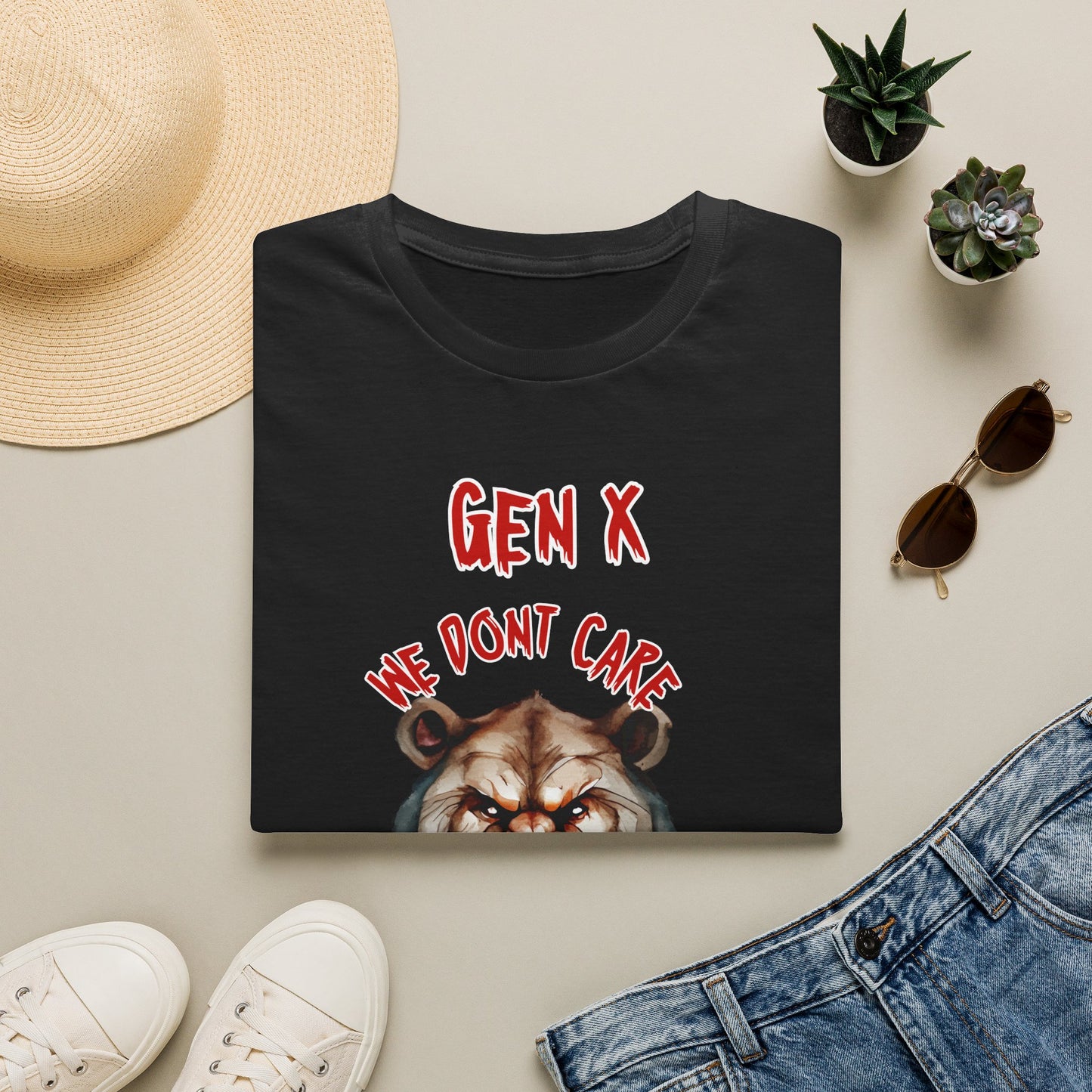 Sarcastic Gen X Dark Shirt We Dont Care About Your Feelings Bear Tee, Badass Generation X Black Graphic T-Shirt, Funny 1970s Latchkey Kid Birthday Gift