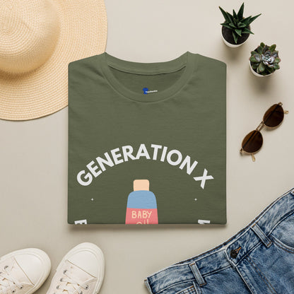 Retro Gen X Tanning Team Shirt - Generation X Baby Oil Graphic Tee, Funny 80s Nostalgia Summer Tee, Sarcastic Apparel Gift for GenX Men & Women