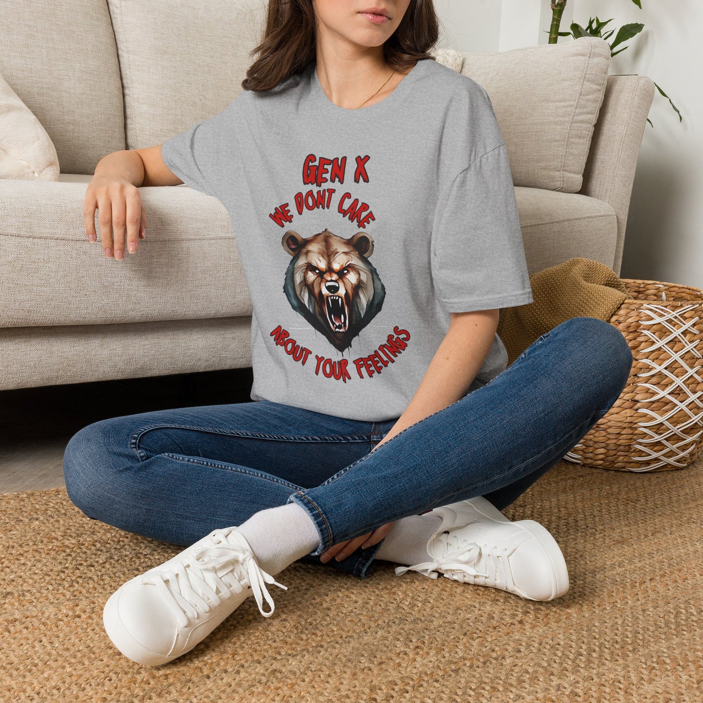 Sarcastic Gen X Dark Shirt We Dont Care About Your Feelings Bear Tee, Badass Generation X Black Graphic T-Shirt, Funny 1970s Latchkey Kid Birthday Gift