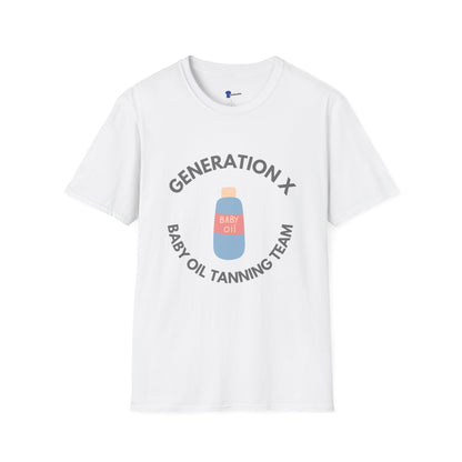 Retro Gen X Tanning Team Shirt - Generation X Baby Oil Graphic Tee, Funny 80s Nostalgia Summer Tee, Sarcastic Apparel Gift for GenX Men & Women