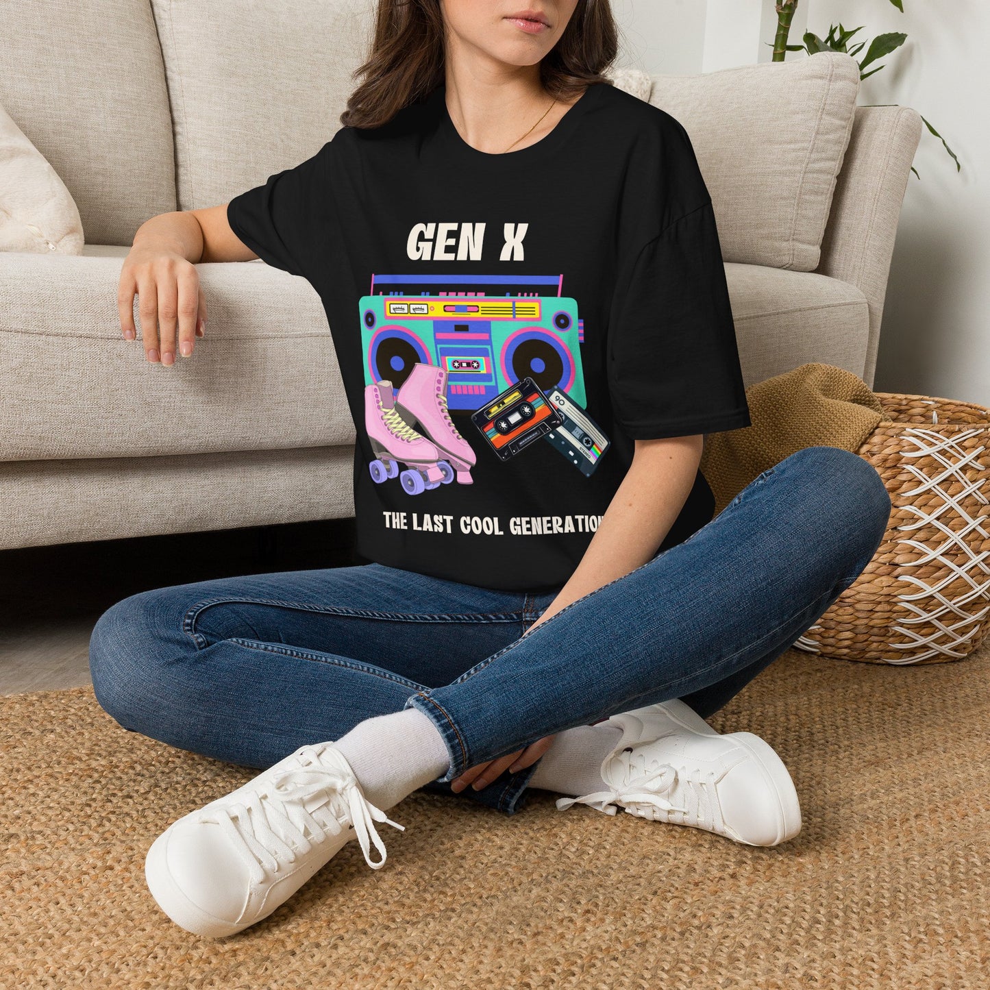 Retro 80s Gen X Boombox Black Shirt, The Last Cool Generation Dark Tee, Vintage Roller Skate Cassette Tape Graphic Apparel
