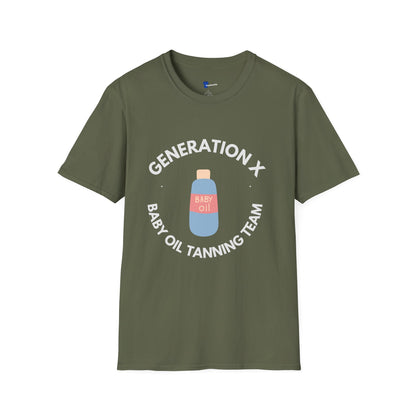 Retro Gen X Tanning Team Shirt - Generation X Baby Oil Graphic Tee, Funny 80s Nostalgia Summer Tee, Sarcastic Apparel Gift for GenX Men & Women