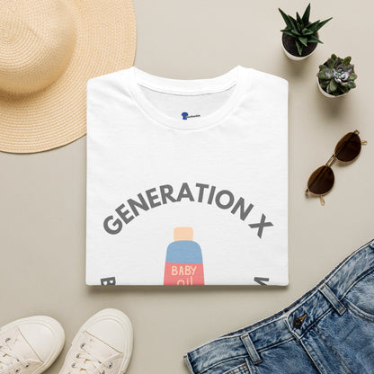Retro Gen X Tanning Team Shirt - Generation X Baby Oil Graphic Tee, Funny 80s Nostalgia Summer Tee, Sarcastic Apparel Gift for GenX Men & Women