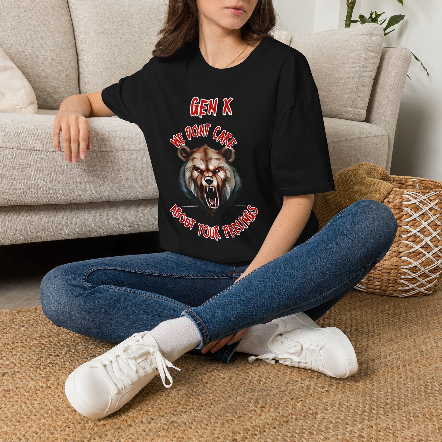 Sarcastic Gen X Dark Shirt We Dont Care About Your Feelings Bear Tee, Badass Generation X Black Graphic T-Shirt, Funny 1970s Latchkey Kid Birthday Gift