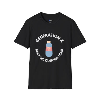Retro Gen X Tanning Team Shirt - Generation X Baby Oil Graphic Tee, Funny 80s Nostalgia Summer Tee, Sarcastic Apparel Gift for GenX Men & Women