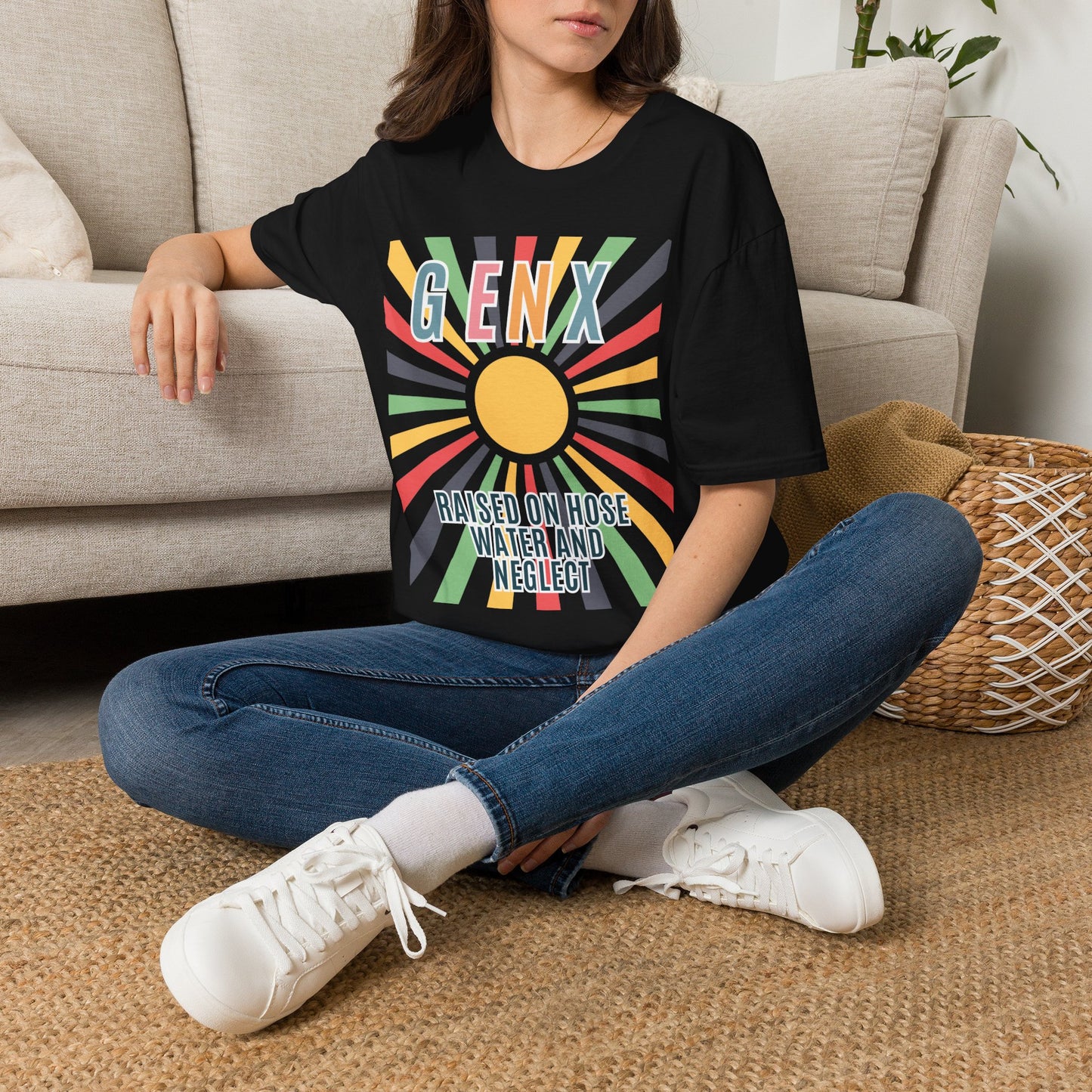Gen X Shirt Raised on Hose Water and Neglect T-Shirt Distressed Retro Sunburst Graphic Tee Funny Generation X Latchkey Kid Gift Humorous Nostalgia Apparel=