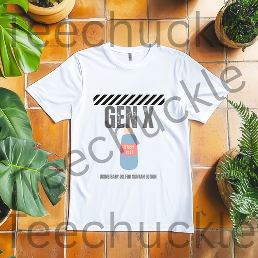 Teechuckle Unisex Gen x Using baby oil for suntan lotion T-shirt
