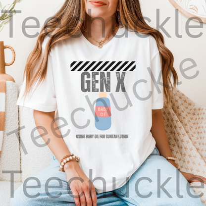 Teechuckle Unisex Gen x Using baby oil for suntan lotion T-shirt