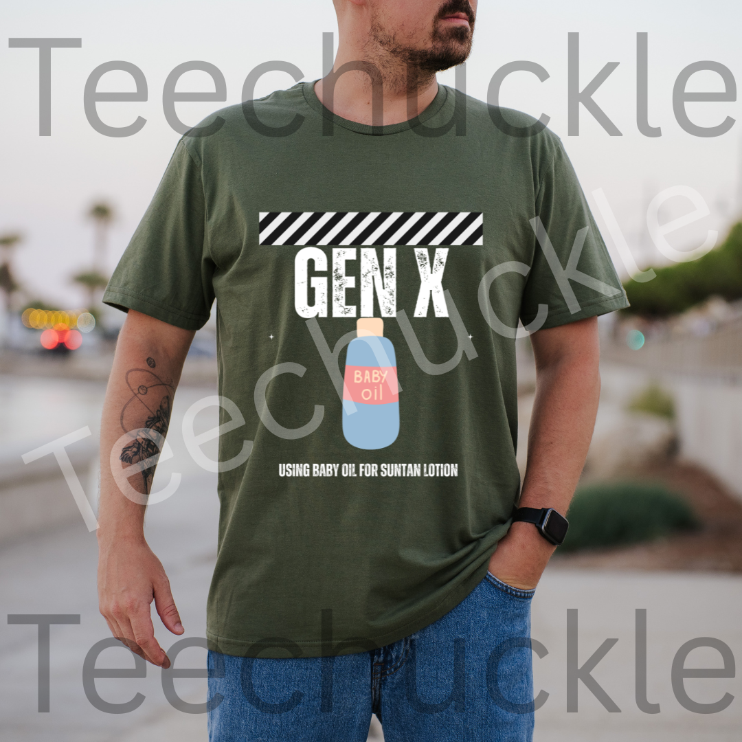 Teechuckle Unisex Gen x Using baby oil for suntan lotion T-shirt