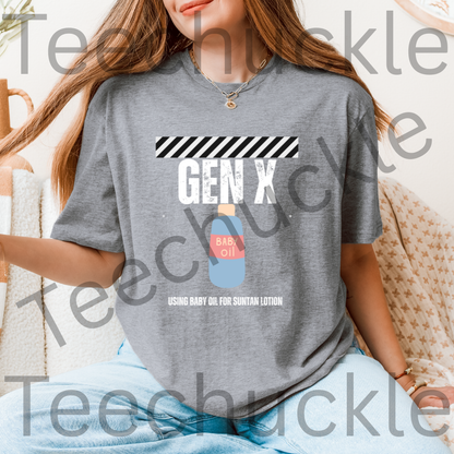 Teechuckle Unisex Gen x Using baby oil for suntan lotion T-shirt