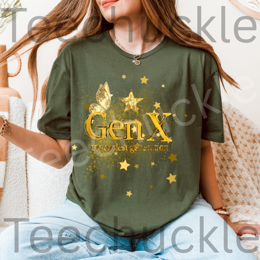 Gen x, The Coolest Generation Tee, Gold Sparkles Unisex Gift Shirt.