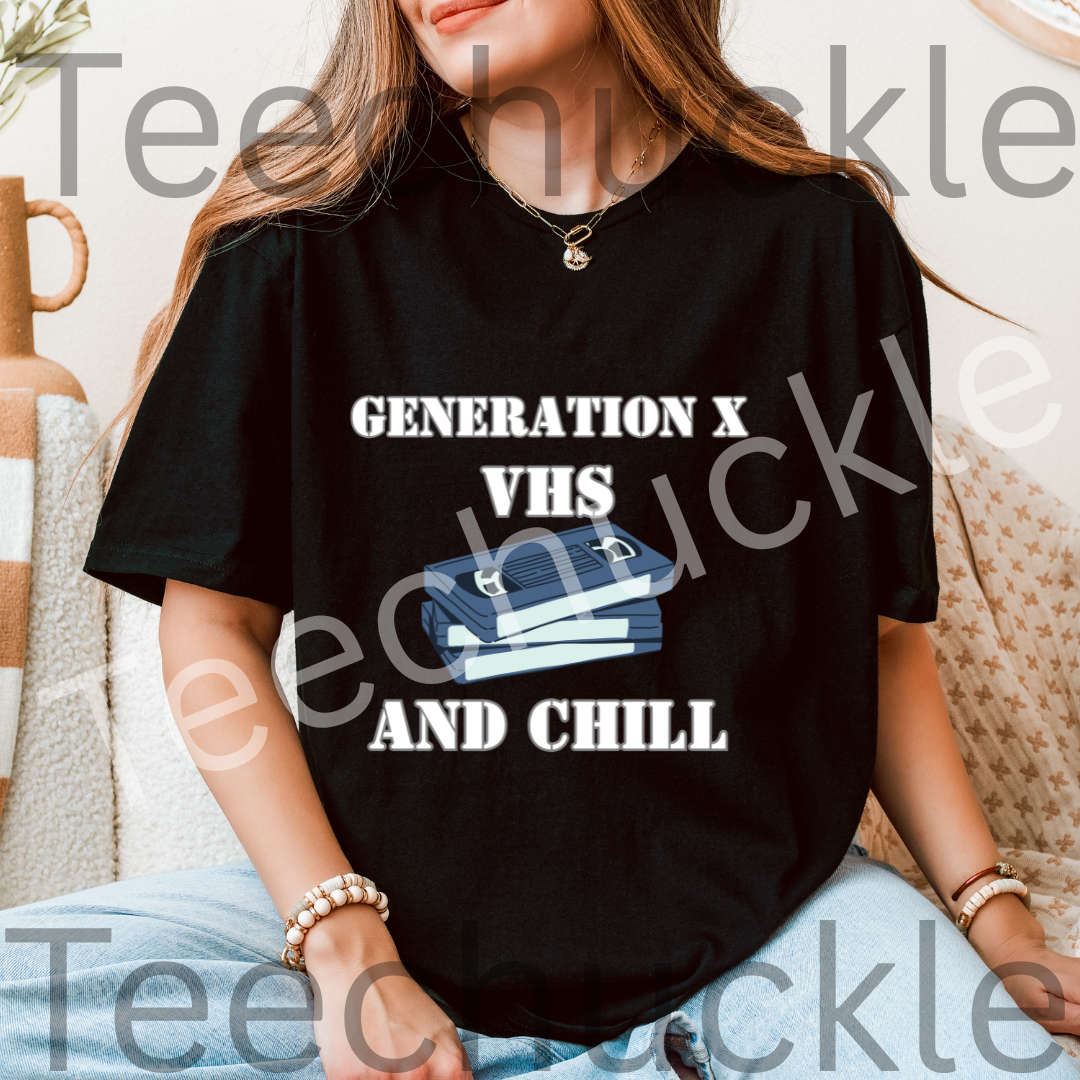 Gen X Humour T-shirt. VHS and Chill Tee. Retro Nostalgic Gen X Unisex Shirt