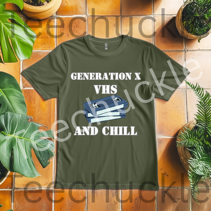 Gen X Humour T-shirt. VHS and Chill Tee. Retro Nostalgic Gen X Unisex Shirt
