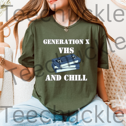 Gen X Humour T-shirt. VHS and Chill Tee. Retro Nostalgic Gen X Unisex Shirt