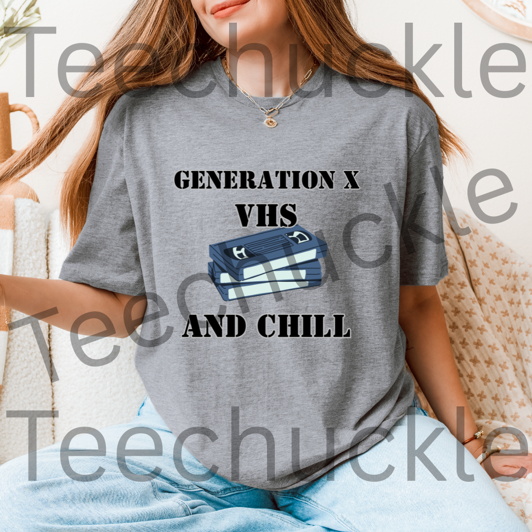 Gen X Humour T-shirt. VHS and Chill Tee. Retro Nostalgic Gen X Unisex Shirt