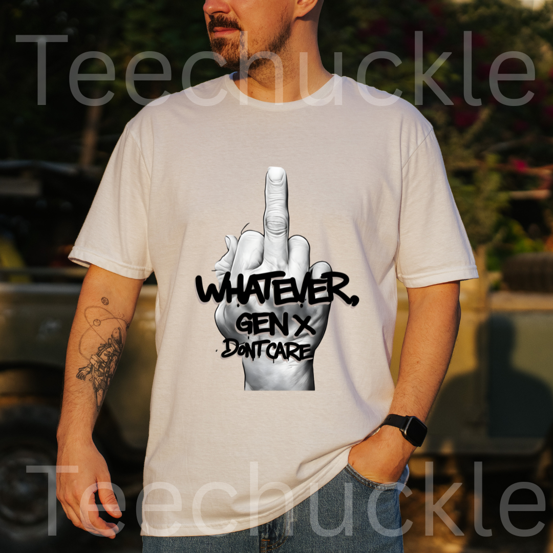 A man wearing a white graphic t-shirt with a black and gray hand graphic showing the middle finger and the text 'WHATEVER, GEN X DON'T CARE'.