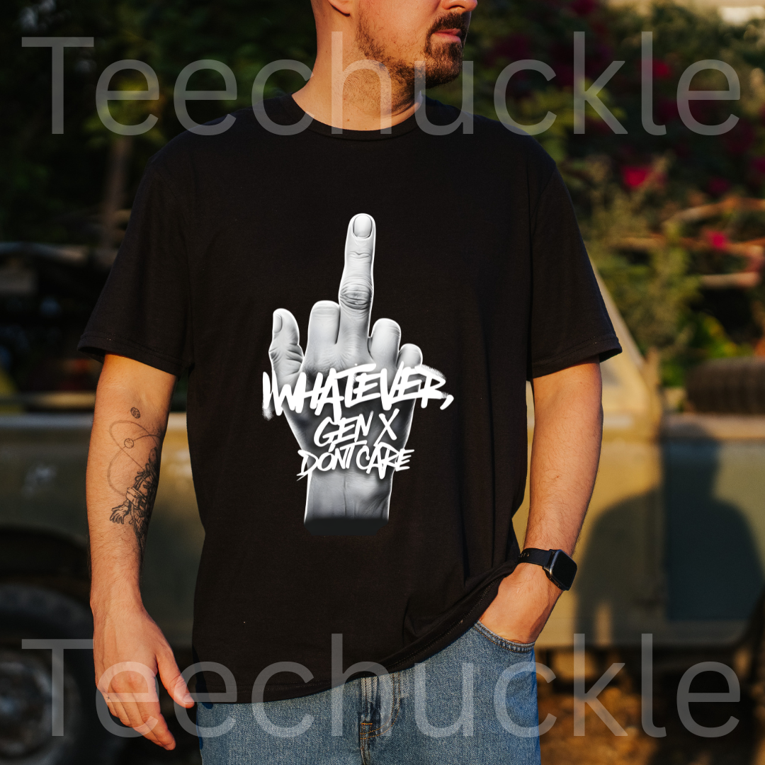 A man standing outdoors wearing a  black graphic t-shirt featuring a middle finger gesture design, and text "WHATEVER GEN X DON'T CARE" 
