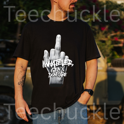 A man standing outdoors wearing a  black graphic t-shirt featuring a middle finger gesture design, and text "WHATEVER GEN X DON'T CARE" 