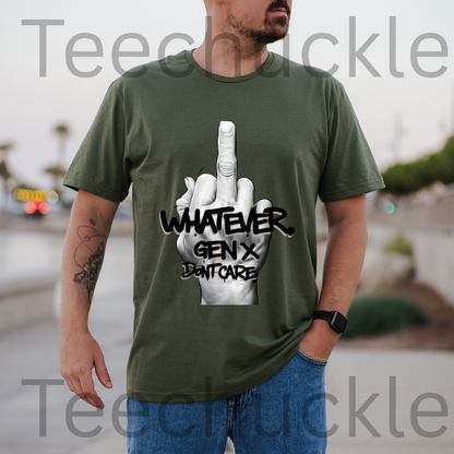 A man wearing a green graphic t-shirt with a hand graphic showing a middle finger and the text 'WHATEVER GEN X DONT CARE'.