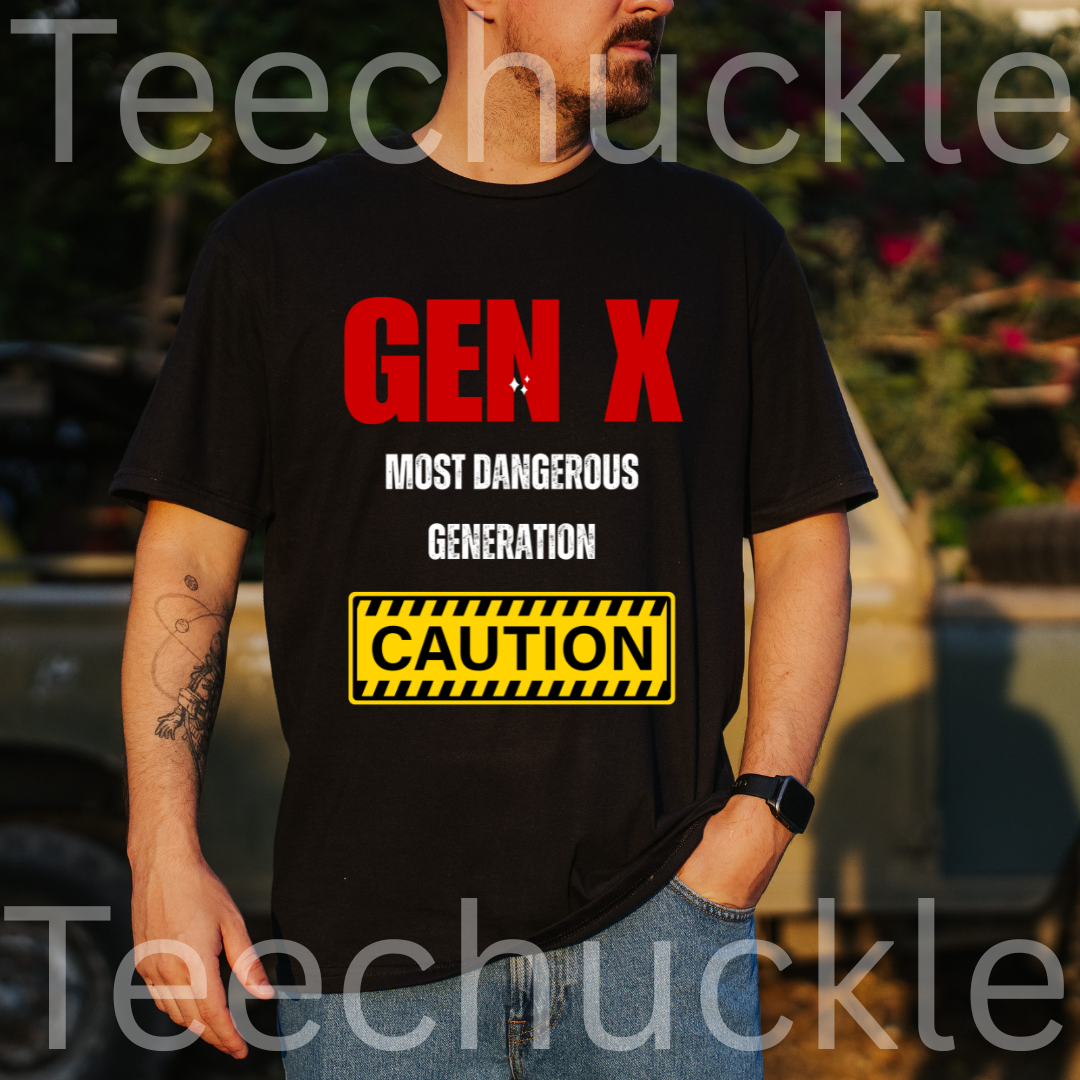 A man wearing a black graphic t-shirt with the text 'GEN X MOST DANGEROUS GENERATION' and a yellow 'CAUTION' sign graphic.