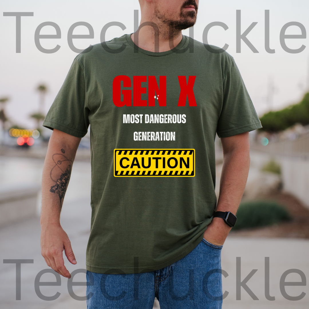A man wearing a green graphic t-shirt with a 'GEN X MOST DANGEROUS GENERATION' and 'CAUTION' print, paired with blue jeans.