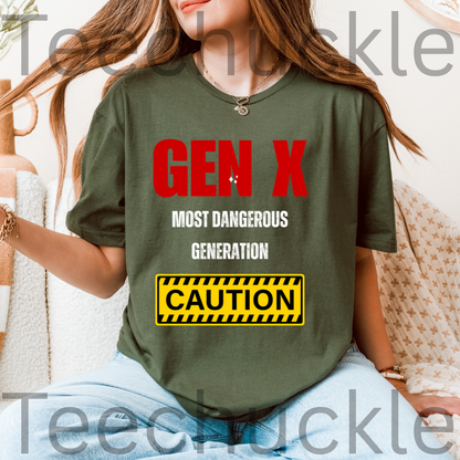 A woman wearing a green graphic t-shirt with the text 'GEN X MOST DANGEROUS GENERATION' and a yellow 'CAUTION' sign, sitting in a cozy indoor setting.