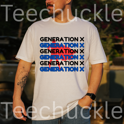 A man wearing a white graphic t-shirt with the text 'GENERATION X' repeated in black and blue, set against a blurred outdoor background.