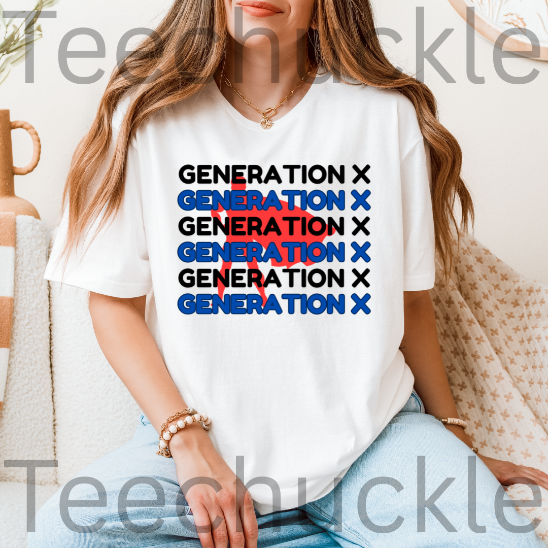 A woman wearing a white graphic T-shirt with the text 'GENERATION X' repeated in black, blue, and red, paired with light blue jeans in a cozy indoor setting.