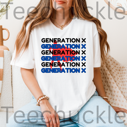 A woman wearing a white graphic T-shirt with the text 'GENERATION X' repeated in black, blue, and red, paired with light blue jeans in a cozy indoor setting.