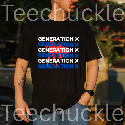 A man wearing a black graphic t-shirt with the text 'GENERATION X' repeated in white, blue, and red, and the background is a blurred outdoor setting.