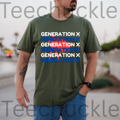 A man wearing a green t-shirt with a graphic print that reads 'GENERATION X' repeated in white, blue, paired with blue jeans. 