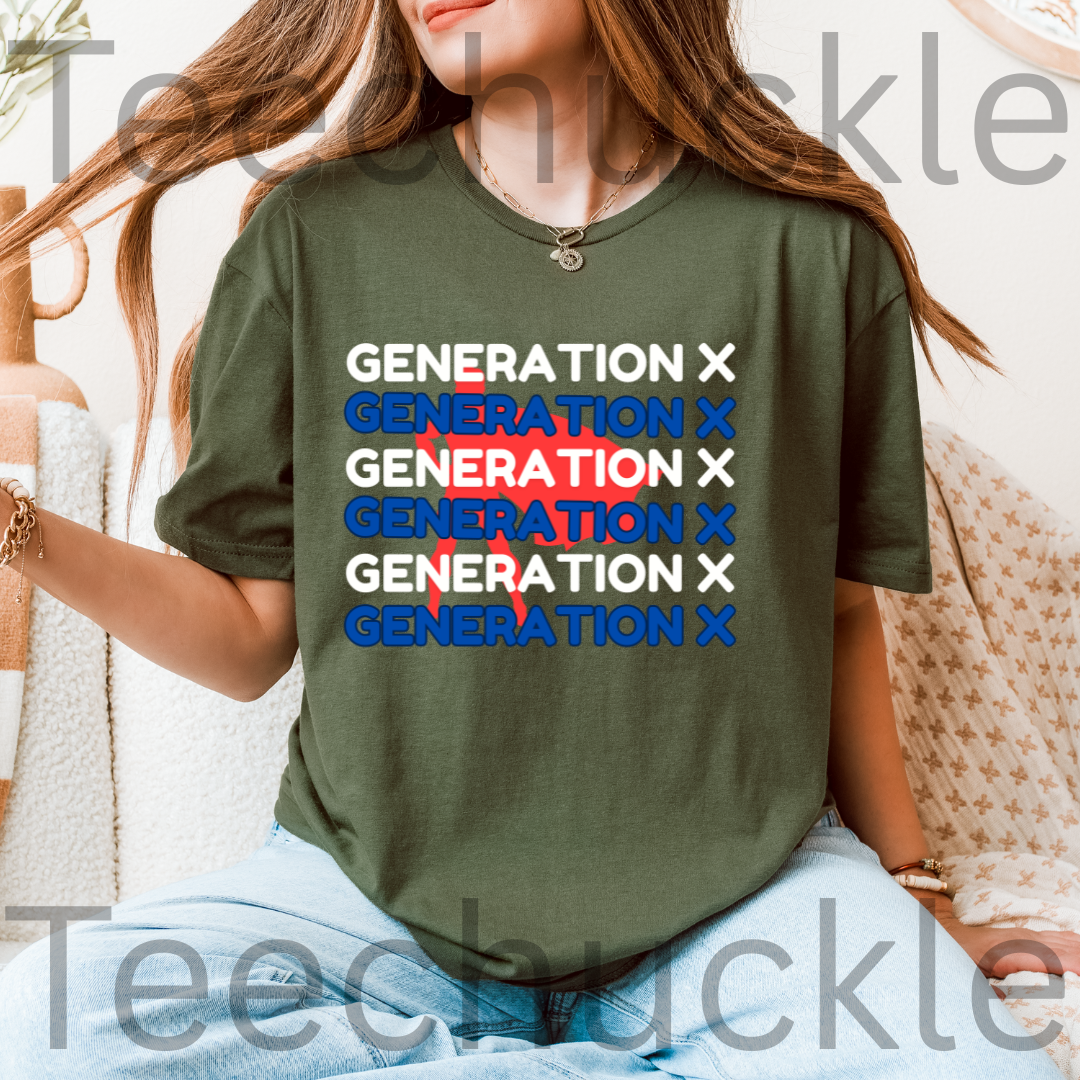 A woman wearing a green graphic t-shirt with 'GENERATION X' printed in white, and blue. 