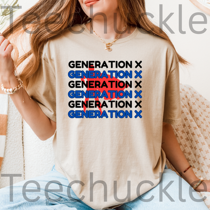 A woman wearing a sand graphic t-shirt with the text 'GENERATION X' repeated in black, red, and blue. 