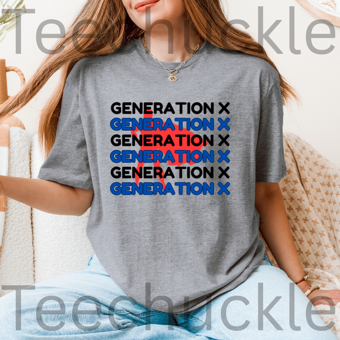 A woman wearing a gray t-shirt with a graphic that reads 'GENERATION X' repeated five times in black, with 'GENERATION X'
