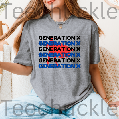 A woman wearing a gray t-shirt with a graphic that reads 'GENERATION X' repeated five times in black, with 'GENERATION X'