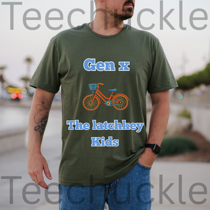 A man wearing a green graphic t-shirt with a blue and orange bicycle design and the text 'Gen X The latchkey Kids'.