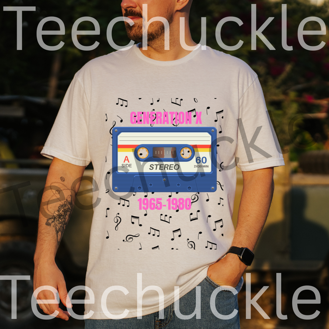 Man wearing a white t-shirt with a 80s style cassette tape design and pink'Generation X' text surrounded by music notes, standing outdoors.