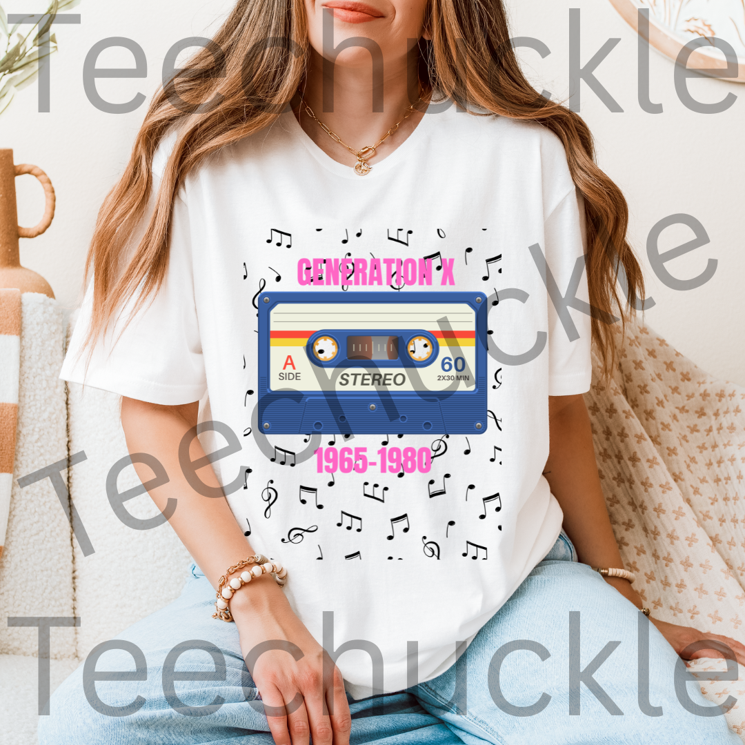 Lady wearing a white t-shirt with a 80s style cassette tape design and pink'Generation X' text, surrounded by music notes sitting on sofa.