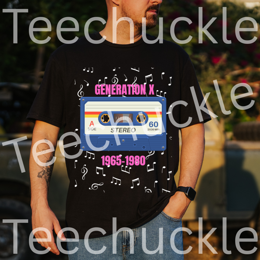 Man wearing a black t-shirt with a 80s style cassette tape design and pink 'Generation X' text, surrounded by music notes, standing outside.