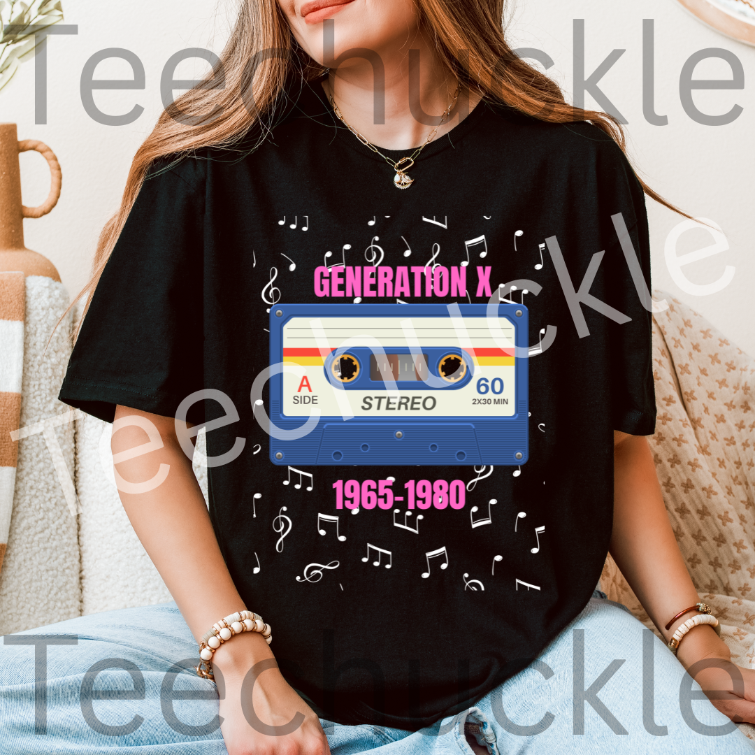 Lady wearing a black t-shirt with a 80s style cassette tape design and pink'Generation X' text, surrounded by music notes.