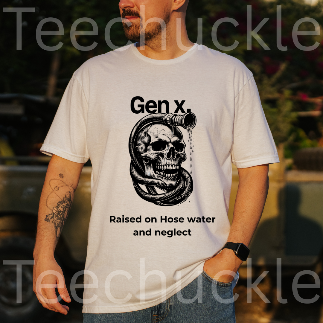 A man wearing a white graphic t-shirt with a black skull and snake design and the text 'Gen x. Raised on Hose water and neglect'.