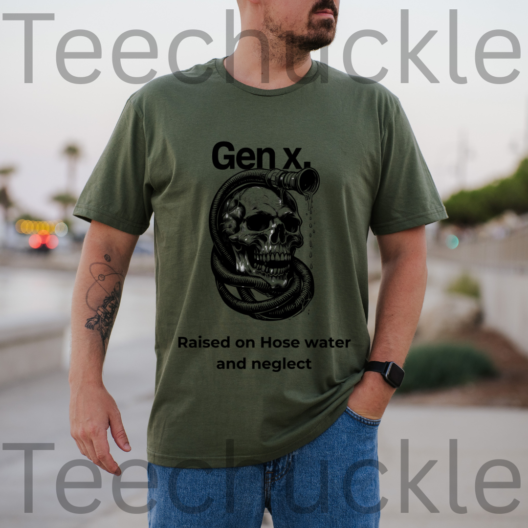 A man wearing a green graphic t-shirt with a black print of a skull in a hose and the text 'Gen X. Raised on Hose water and neglect'.