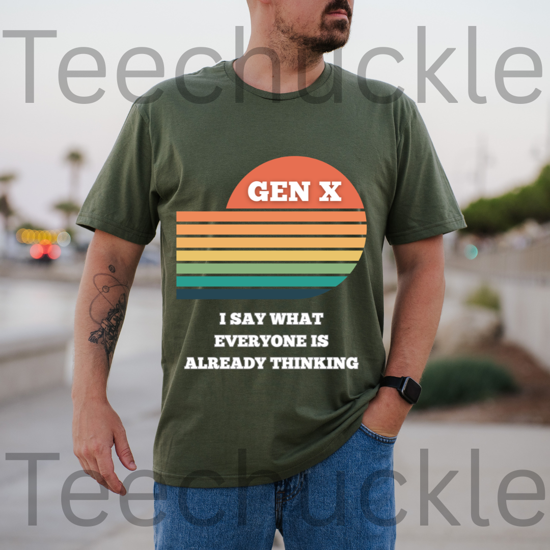 A man wearing a green graphic t-shirt with a retro sunset design and the text 'GEN X I SAY WHAT EVERYONE IS ALREADY THINKING'. 